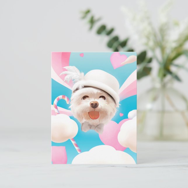 Fluffig hund med vit mössa meddelande vykort (Stående Fram)