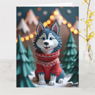 Fluffig Husky i Snöig Julbergsscen Kort