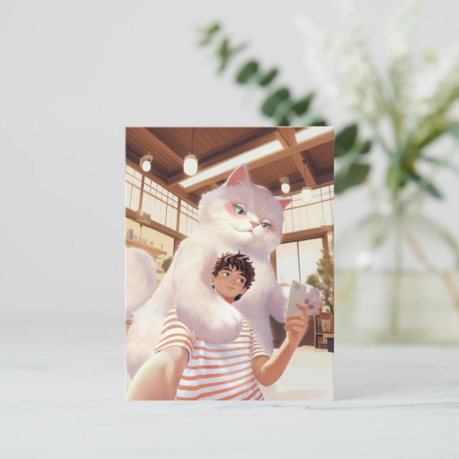 Fluffig jätte: Vit katt selfie på retrokafé Vykort (Stående Fram)