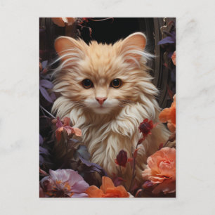 Fluffig katt i blommorna vykort