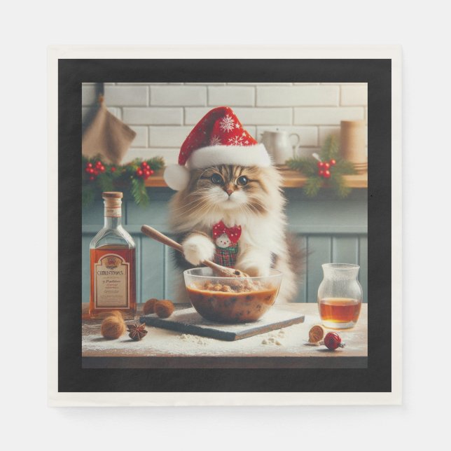 Fluffig katt som bakar alkoholhaltig julpudding  pappersservett (Framsidan)