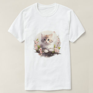 Fluffig kattunge med rosa blommor Watercolor T-shi T Shirt