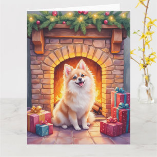 Fluffig Pomeranian Mysig Jul Braskamin Hund Konst Kort