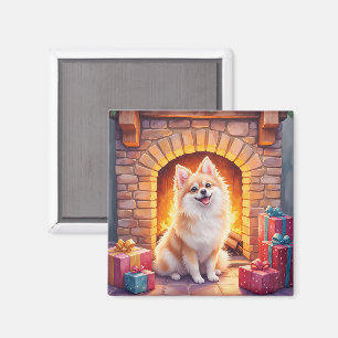 Fluffig Pomeranian Mysig Jul Braskamin Hund Konst Magnet