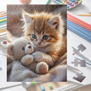 Fluffig röd kattunge som leker med en liten nalleb pussel