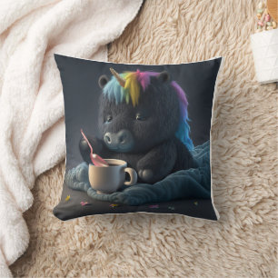 Fluffig svart enhörning kudde