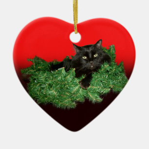 Fluffig svart katt i julkran julgransprydnad keramik