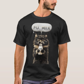 Fluffig svart katt njuter roligt av mjölkflaska t shirt