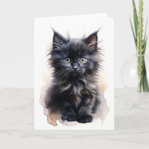 Fluffig svart långhårig katt Vattenfärg Blank  Kort