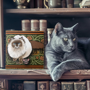 Fluffig Välkommen Siames Katt Mus Vintage Kakelplatta
