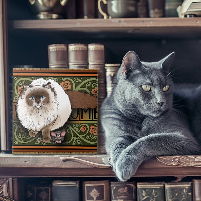 Fluffig Välkommen Siames Katt Mus Vintage Kakelplatta (Skapare uppladdad)