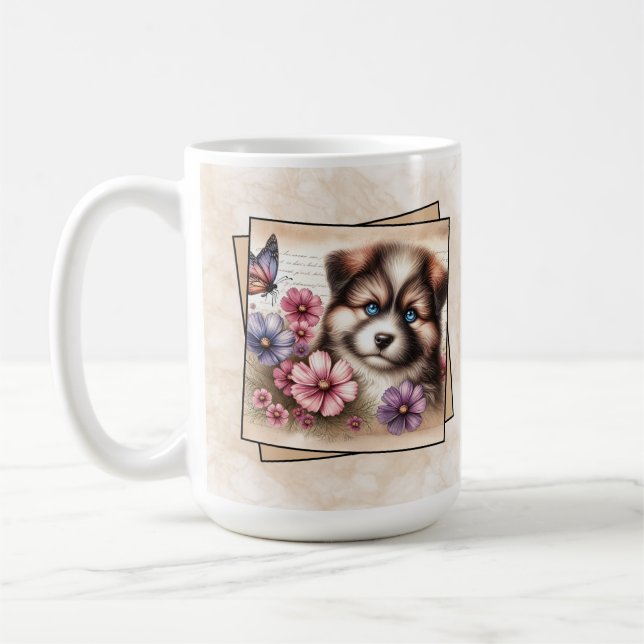Fluffig valp & färgglad trädgård kaffemugg (Vänster)