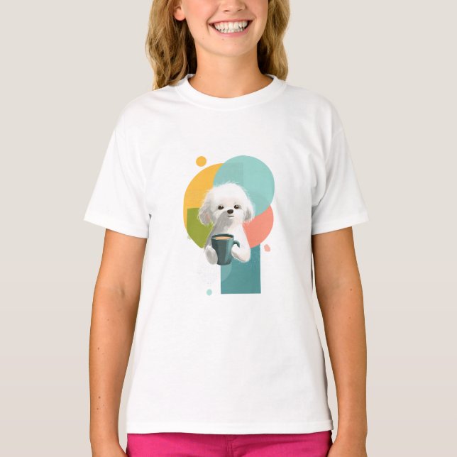 Fluffig valp som håller kaffemugg barn t shirt (Framsida)