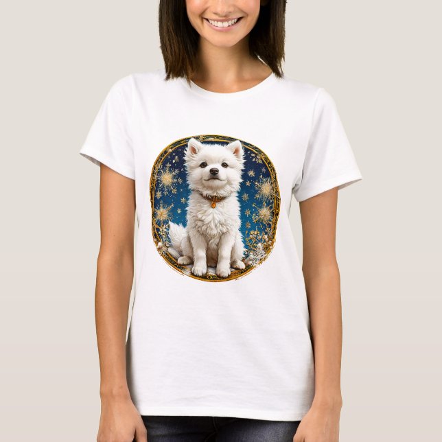fluffig vit hund t shirt (Framsida)