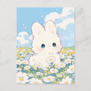 Fluffig Vit Kanin Daisy Äng Illustration Vykort