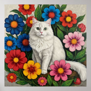 Fluffig vit katt och folklig konst blommor poster