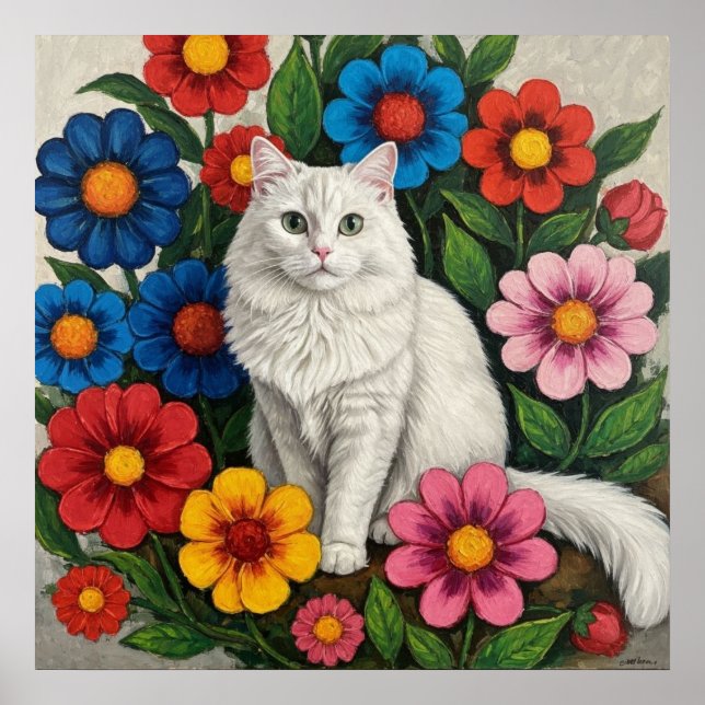 Fluffig vit katt och folklig konst blommor poster (Framsidan)