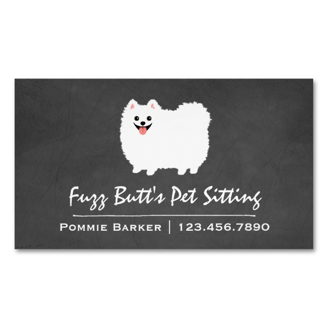 Fluffig vit Pomeranian Visitkortmagnet (Framsida)