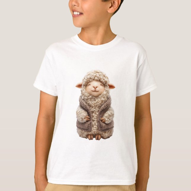 Fluffiga får i stickad väst barn t shirt (Framsida)
