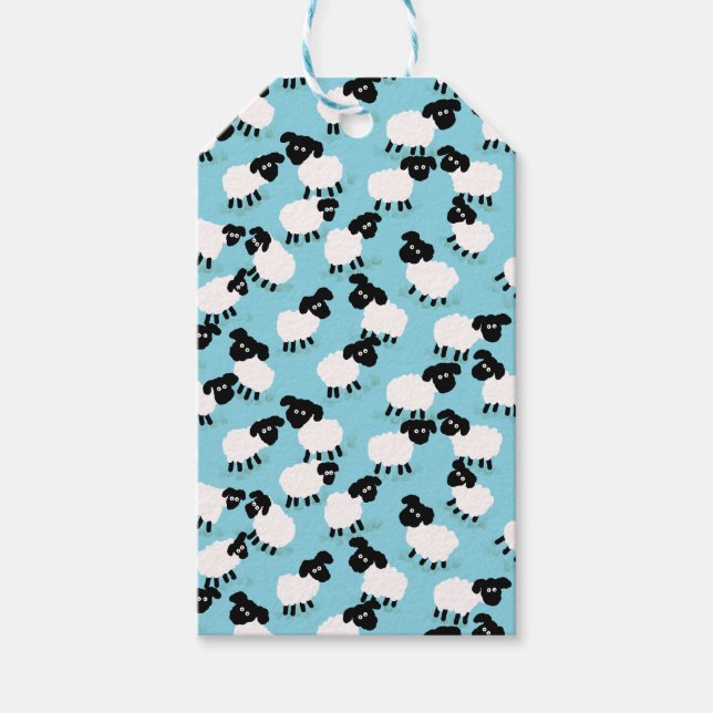 Fluffiga får på babyblått presentetikett (Framsidan)