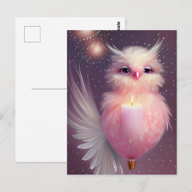 Fluffiga Rosa Babyfågel Vykort (Fram/baksida)