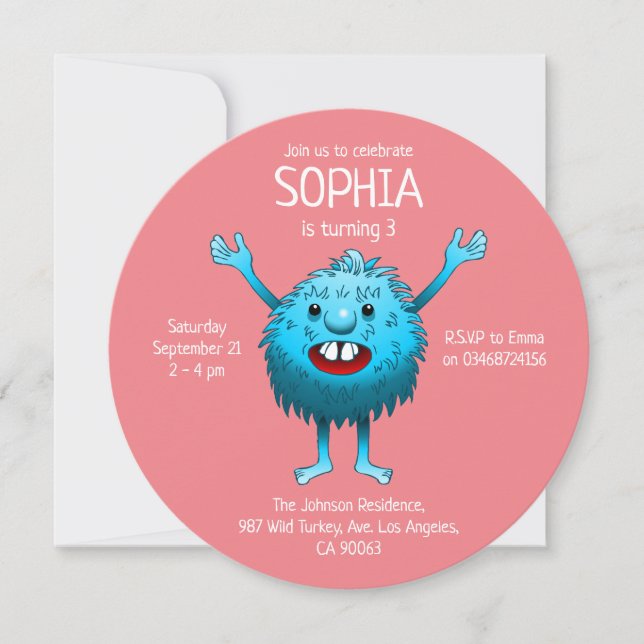 Fluffigt sött monster födelsedagsinbjudan inbjudningar (Framsida)