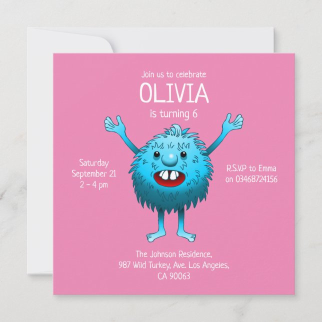 Fluffigt sött monster födelsedagsinbjudan inbjudningar (Framsida)