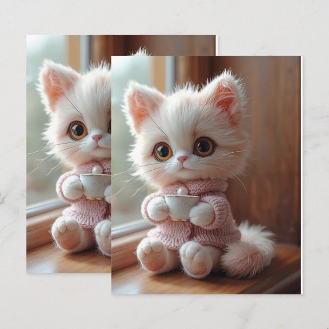 Fluffigt vitt och ljust rosa katt skrapbok papper (Fram/baksida)