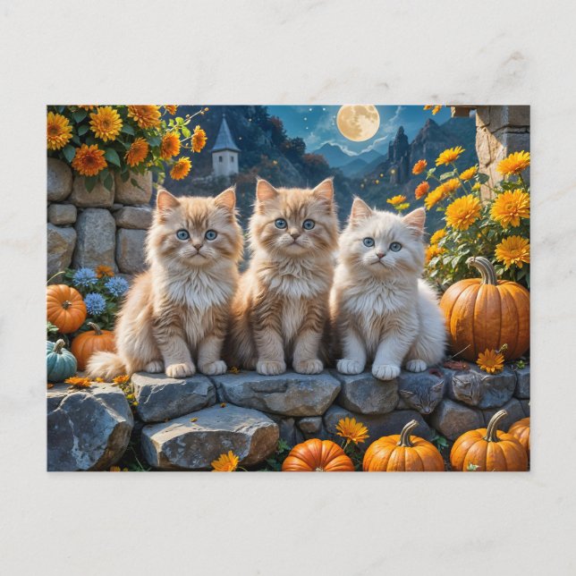 Fluffy Autumn Kittens Pumpkins och Foliage Helg Vykort (Framsida)