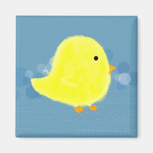 Fluffy Baby Chick med blå kvadratisk magnet