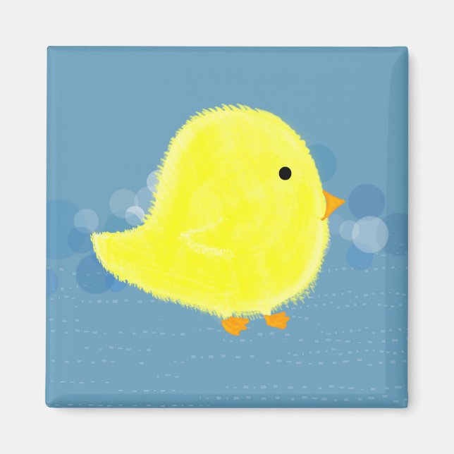 Fluffy Baby Chick med blå kvadratisk magnet (Framsidan)