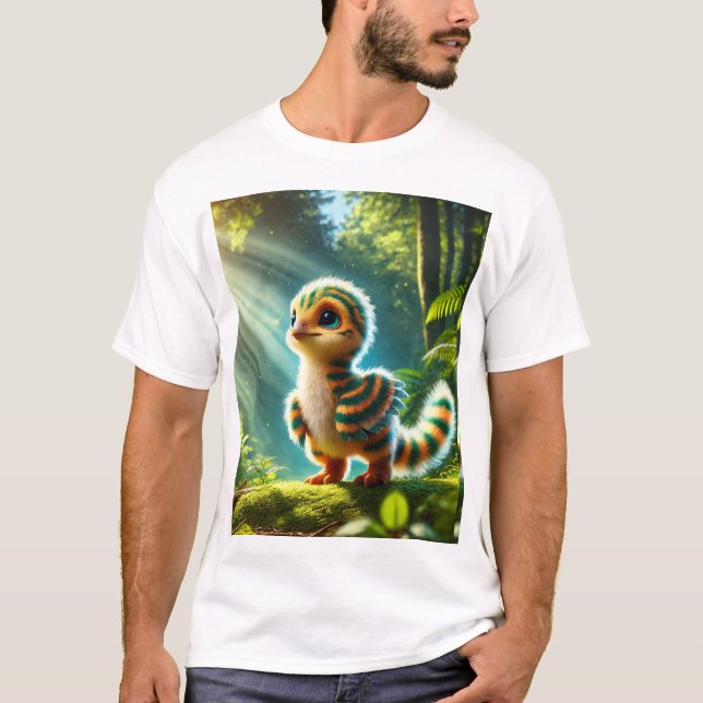 Fluffy Baby Dinosaur in a Magic Forest" T Shirt (Framsida)