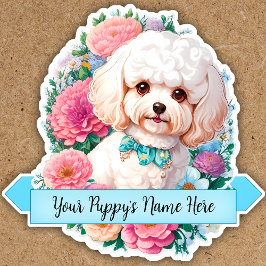 Fluffy Bichon Frisé, anpassningsbar av blommor med Klistermärken