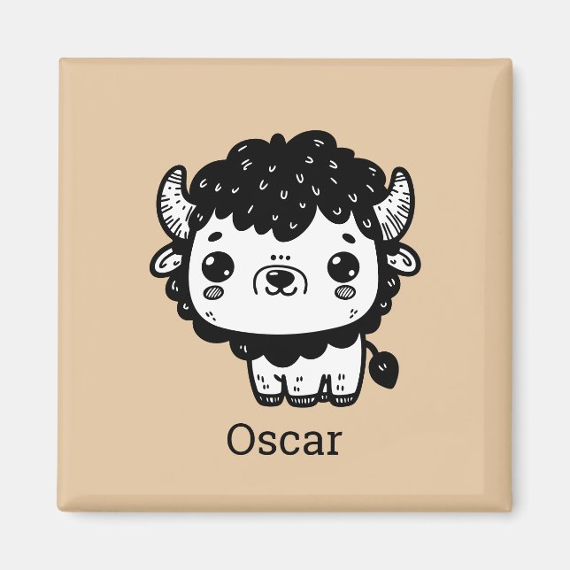 Fluffy Bison Baby - Kawaii Farm Animal Art Magnet (Framsidan)