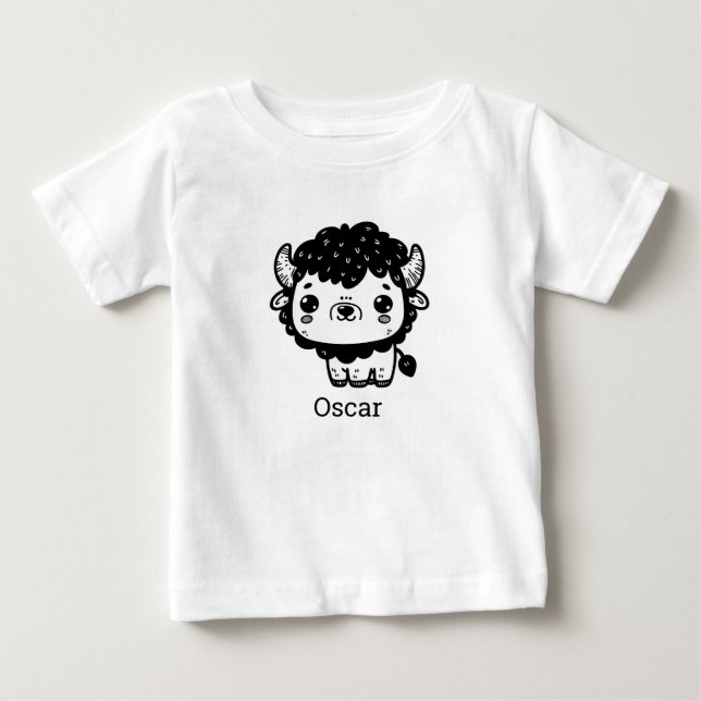 Fluffy Bison Baby - Kawaii Farm Animal Art T Shirt (Framsida)