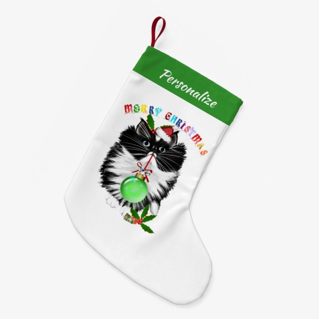 Fluffy Black And White Cat Santa Hat Christmas Liten Julstrumpa (Framsidan (Hängande))
