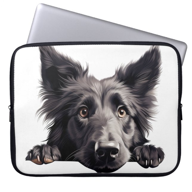 FLUFFY BLACK BELGIAN SHEEPDOG HUND LAPTOP FODRAL (Framsidan)