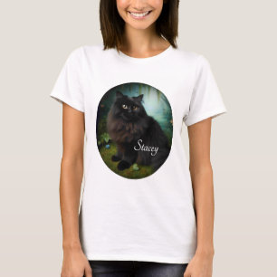 Fluffy Black Cat på Misty Skogen Namn Front T Shirt
