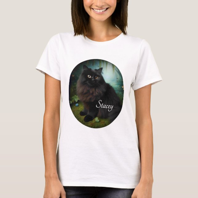 Fluffy Black Cat på Misty Skogen Namn Front T Shirt (Framsida)