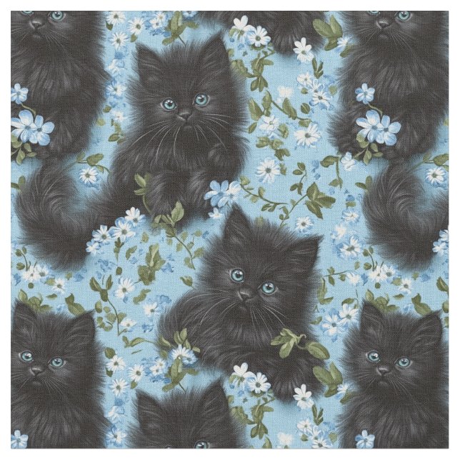 Fluffy Black Kittens & Flowers Seamless Mönster Tyg (Närbild)