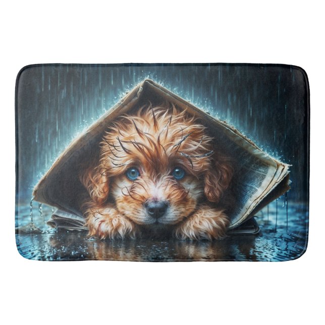 Fluffy blöt-valp som söker värme och komfort badrumsmatta (Framsidan)