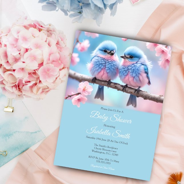 Fluffy-Bluebirds och Cherry Blommar Baby Shower Inbjudningar (A sweet baby shower invitation for twins or gender reveal party!)
