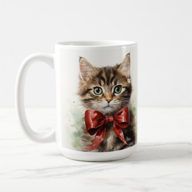 FLUFFY BROWN TABBY KITTEN MED RED BOW KAFFEMUGG (Vänster)