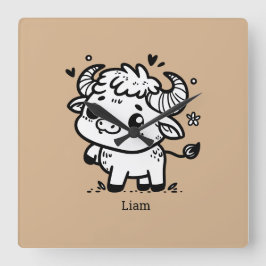 Fluffy Buffalo Baby - Kawaii Farm Animal Fyrkantig Klocka