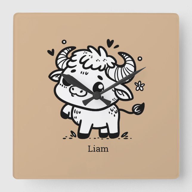 Fluffy Buffalo Baby - Kawaii Farm Animal Fyrkantig Klocka (Framsida)