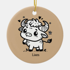 Fluffy Buffalo Baby - Kawaii Farm Animal Julgransprydnad Keramik