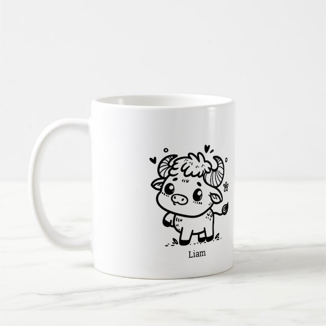 Fluffy Buffalo Baby - Kawaii Farm Animal Kaffemugg (Vänster)