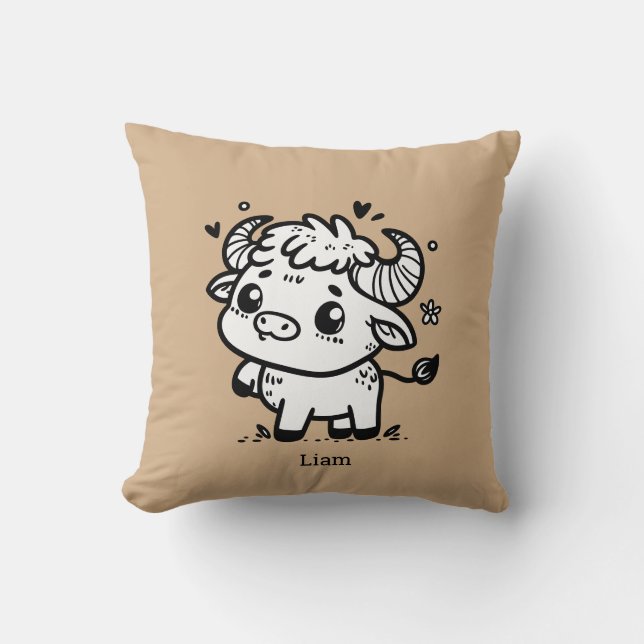 Fluffy Buffalo Baby - Kawaii Farm Animal Kudde (Framsida)