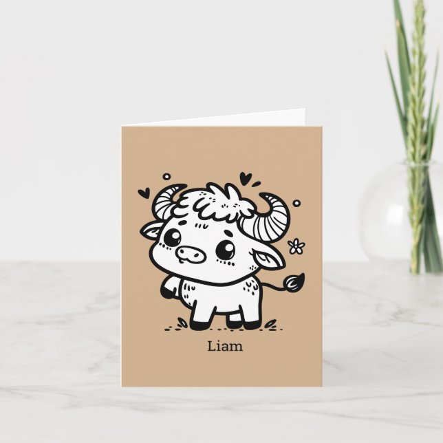 Fluffy Buffalo Baby - Kawaii Farm Animal Tack Kort (Framsida)