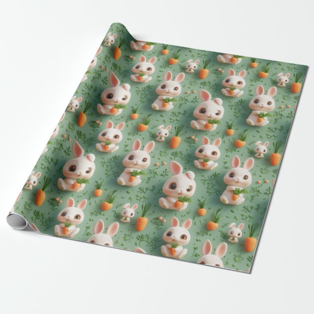 Fluffy Bunnies och Carrots 3D Sömlös Mönster Presentpapper (Utrullad)